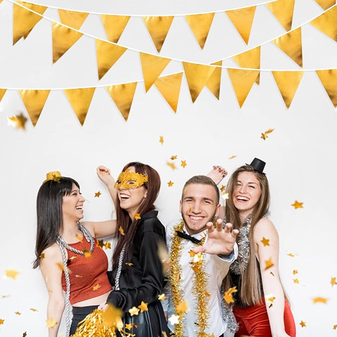 Gold Party Decorations Metallic Fabric Triangle Pennant Banner Gold Flag Bunting Garland for Graduation Birthday Wedding Anniversary Bridal Shower Bachelorette Engagement Hen Party Decoration Supplies