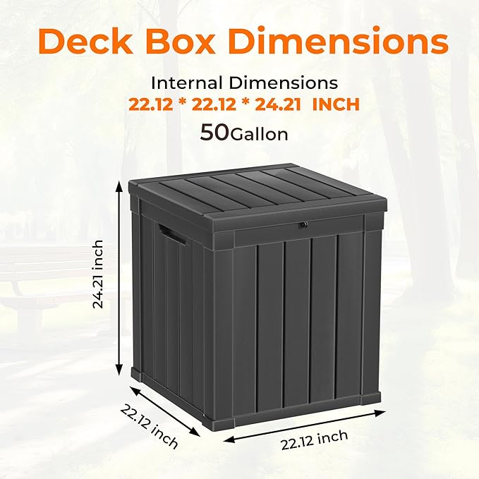 48 Gallon Outdoor Storage Box, Waterproof Resin Deck Box for Patio, Pool, and Garden, Lockable Bin for Cushions, Tools, and Accessories, UV-Resistant, Black