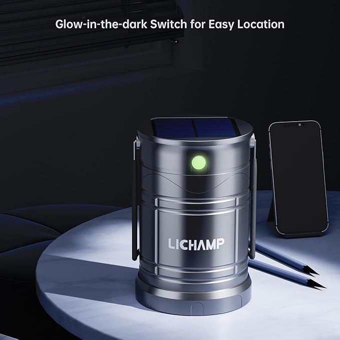Lichamp 2-Pack Solar Camping Lantern, USB Rechargeable LED Lanterns Battery Powered Pop Up Flashlight Lamps with Three Modes Power for Power Outages Hurricane Supplies Emergency Indoor & Outdoor
