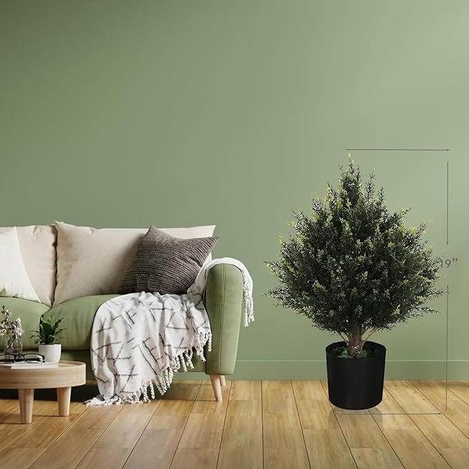 19” Artificial Cedar Outdoor Artificial Shrub Sunlight Resistant Leafy Potted Plant for Indoor Porch of Home and Office Artificial Outdoor Tree Topiary Trees