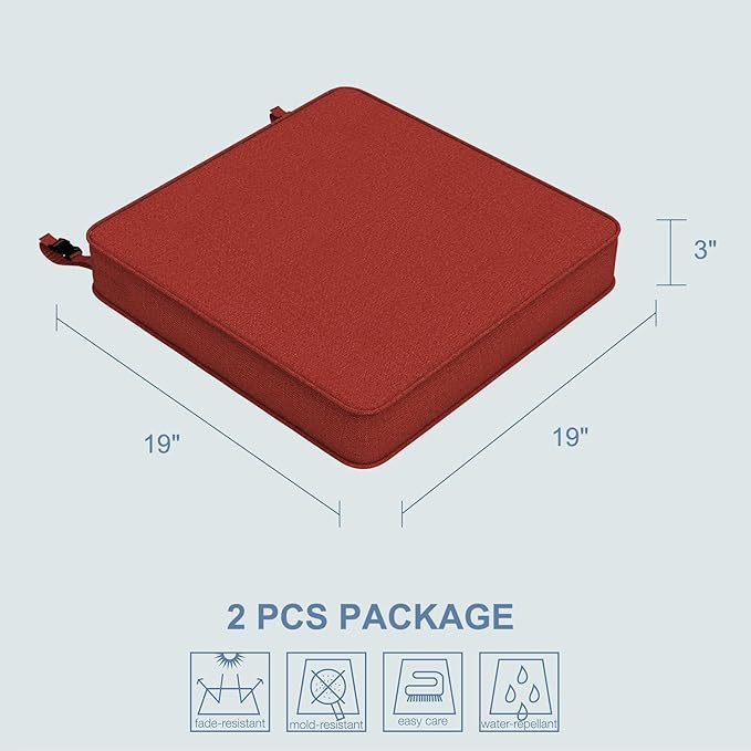 LVTXIII Patio Chair Cushions 19"x19"x3", Water-Repellent Outdoor Seat Cushions for Patio Furniture, Square Chair Pads with Ties for Home Garden Decoration, Set of 2, Brick Red