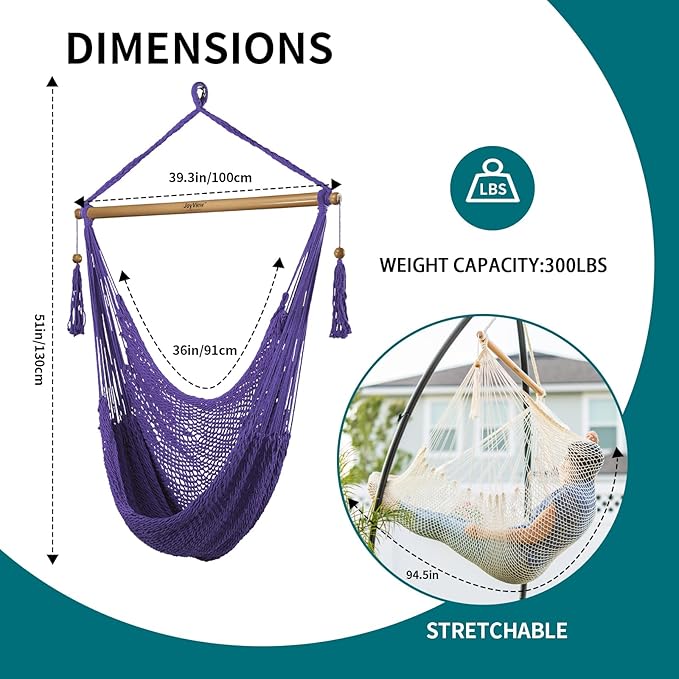 JoyView Hammock Chair with Spreader Bar Caribbean Hammock Swing Chair 300 LBS Weight Capacity XL Rope Hanging Chair for Outdoor Indoor Garden Yard - Purple