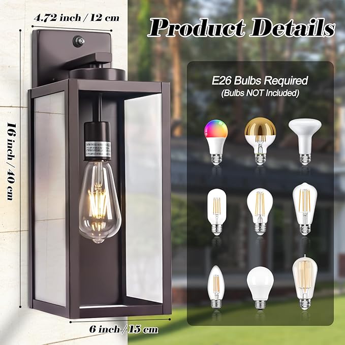 Oil-Rubbed Bronze Dusk to Dawn Outdoor Wall Light, Large 16" Exterior Wall Lantern Waterproof, Brown Farmhouse Porch Sconce, Modern Wall-Mounted Outside Light Fixture for House Garage, Patio Lamp