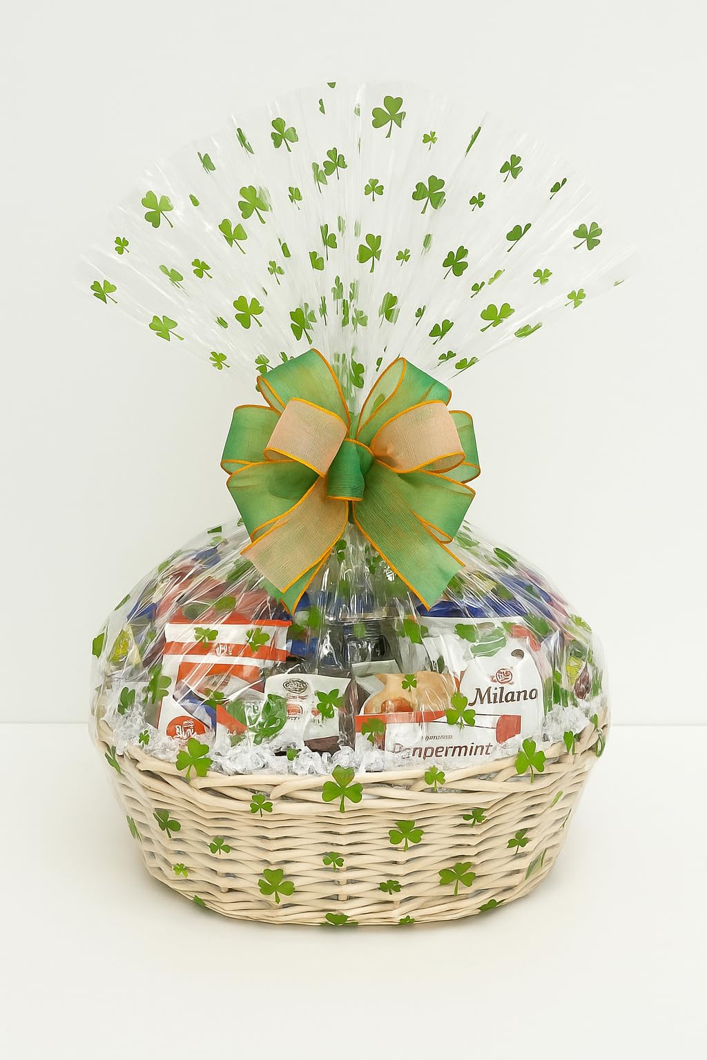 St. Patrick’s Day Gift Basket with Chocolate, Candy & Snacks - 12 Inch Shamrock Wrapped Gift Basket - Irish Holiday Treats for Family, Friends