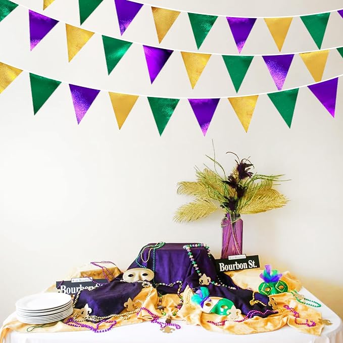 Mardi Gras Party Decorations Purple Green and Gold Metallic Fabric Triangle Pennant Banner Flag Hanging Bunting Garland for Birthday Wedding Baby Shower Bridal Shower Holiday Masquerade Party Supplies