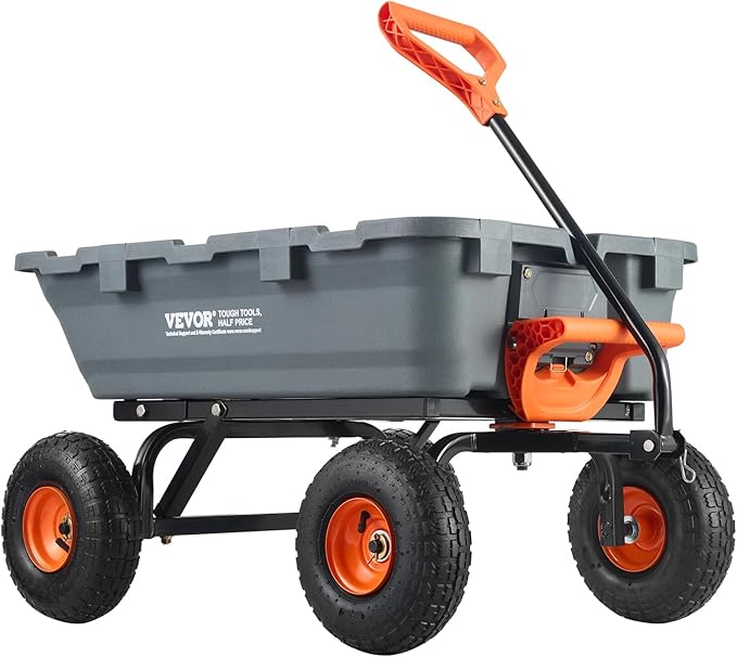 VEVOR 800lbs Poly Dump Garden Cart, Heavy Duty Yard Dump Cart Wagon, 4 Wheel Wheelbarrow with 10in Tires, 180°Rotating Handle, Steel Frame and Quick Release System