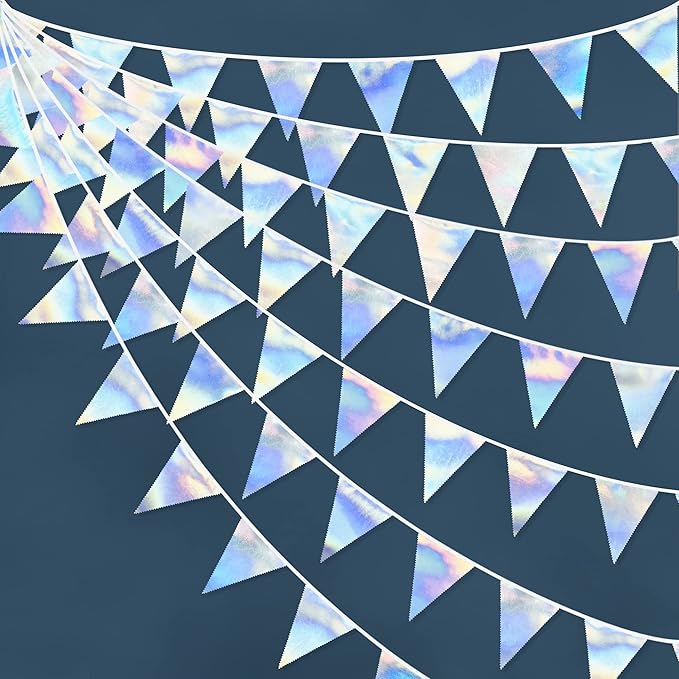 33Ft Iridescent Party Decoration Holographic Fabric Triangle Pennant Banner Flag Cotton Bunting Garland for Birthday Wedding Bridal Shower Bachelorette Engagement Disco Euphoria Galaxy Party Supplies