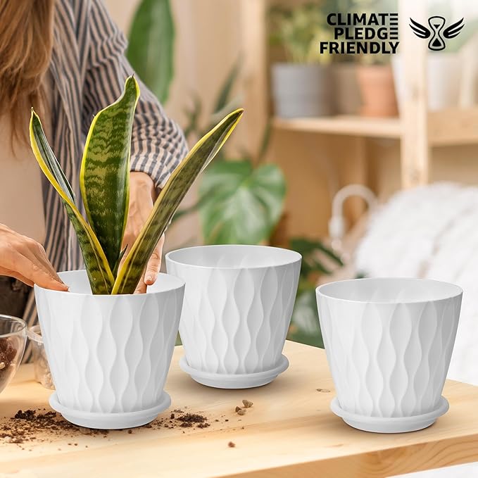 6 inch Plant Pots, 5 Pack Flower Pots Outdoor Indoor, Planters with Drainage Hole and Tray Saucer（White