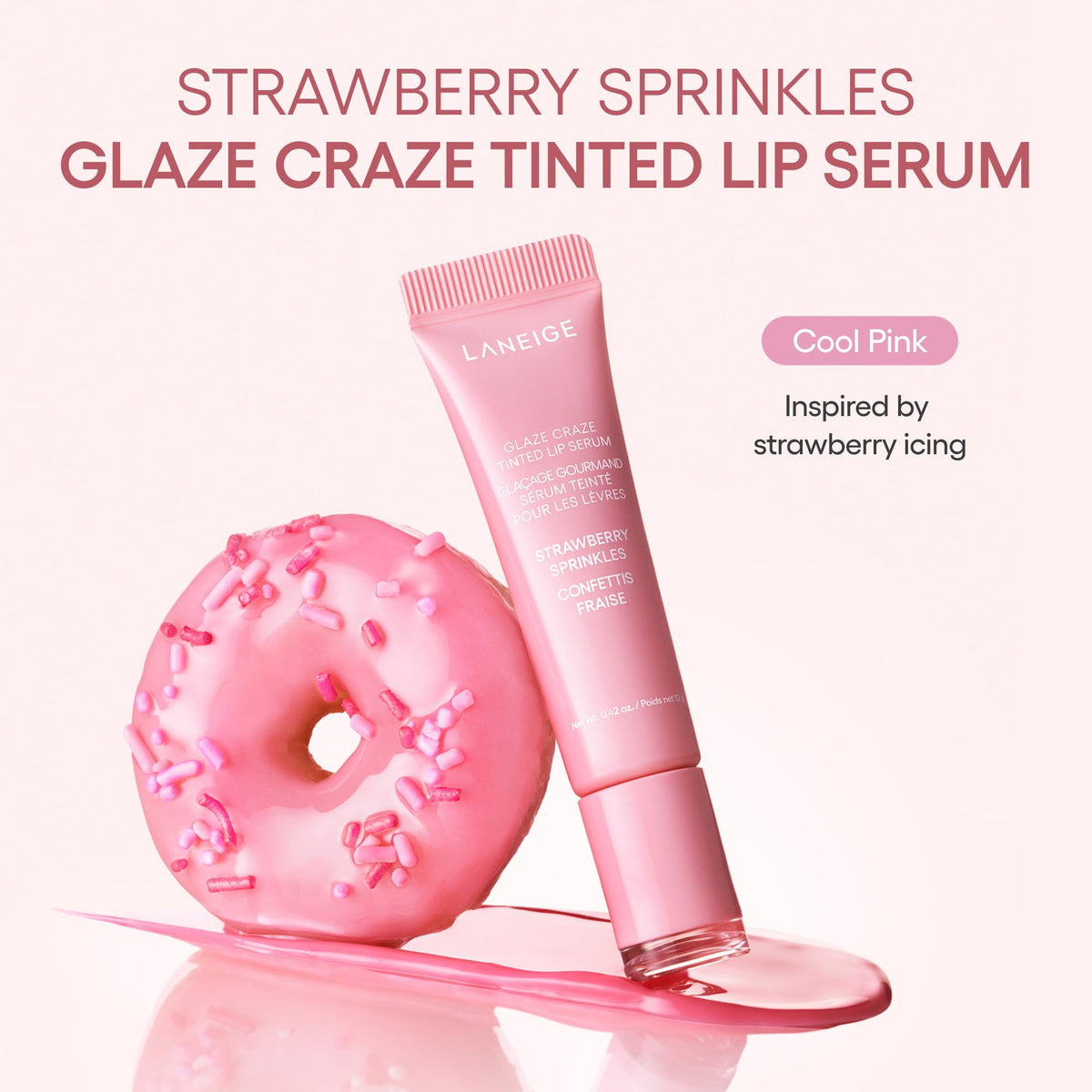 LANEIGE Glaze Craze Tinted Lip Serum, Strawberry Sprinkles: Hydrating Serum for Glossy,Nourished Lips with Plumping Polypeptides,0.42 oz