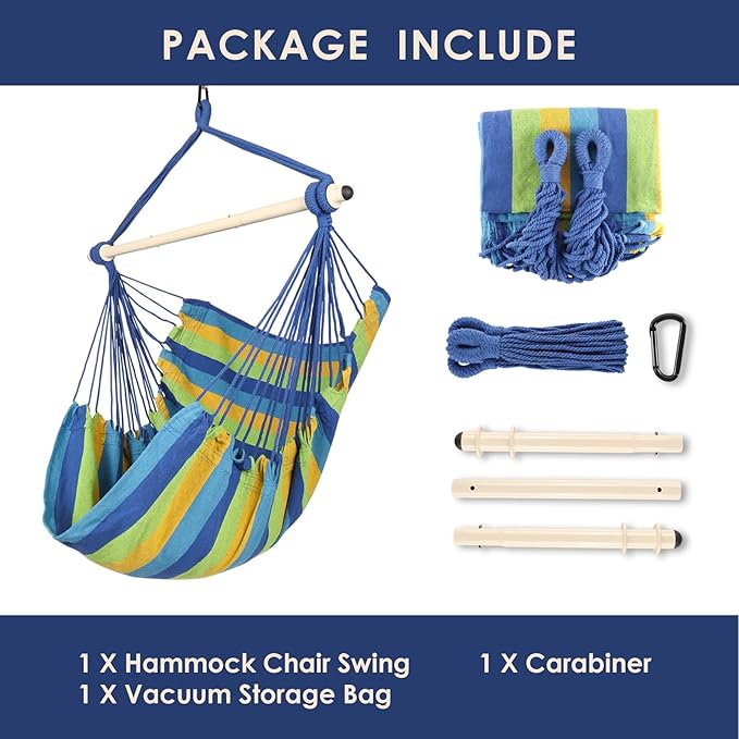 Highwild Hammock Chair Hanging Rope Swing - Max 500 Lbs - Steel Spreader Bar with Anti-Slip Rings - for Any Indoor or Outdoor Spaces (Blue Striped)