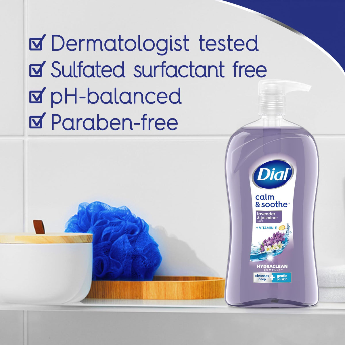 Dial Body Wash, Calm & Soothe Lavender & Jasmine, 32 Fl Oz, Hydraclean Complex & Vitamin E, Gentle, Leaves Skin Feeling Nourished, Dermatologist-Tested, No Parabens & Sulfates