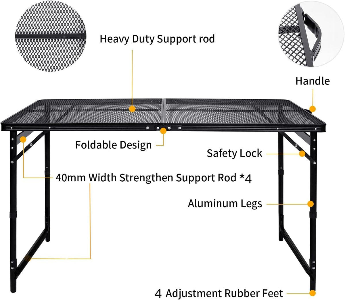 Camping Table 4FT Grill Table Foldable Folding Picnic Portable Stand Mesh 3 Height Adjustable Outdoor Card BBQ RV Black 47.2×23.6 inch