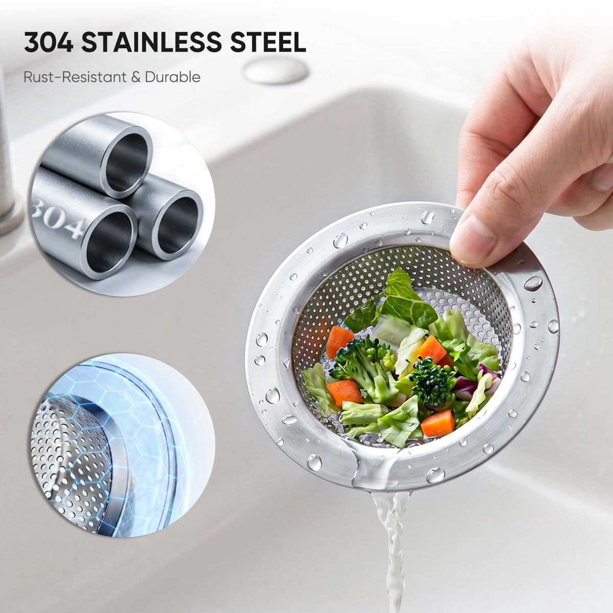 4 Pack Kitchen Sink Strainer, 304 Stainless Steel Sink Drain Strainer, 2mm Micro-Perforated Food Catcher Basket, Wide Rim Anti-Clog Filter, Fit 4.5in Sinks & Garbage Disposals, Dishwasher Safe