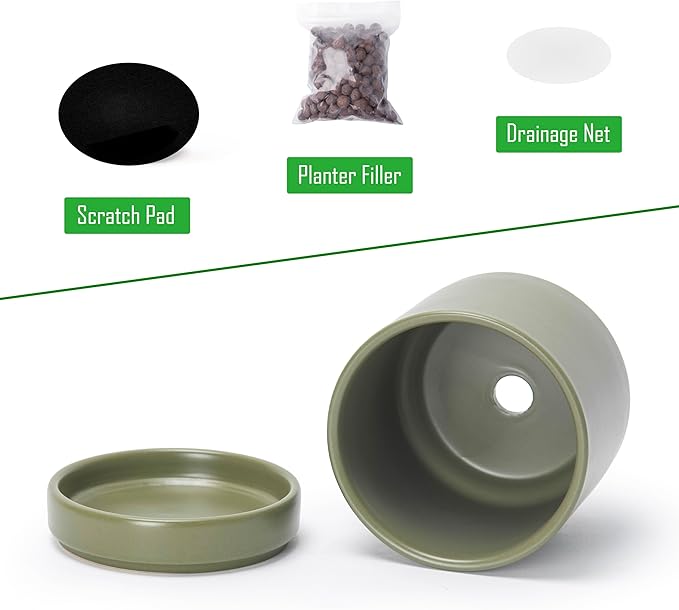 D'vine Dev Set of 4 Small Ceramic Plant Pots, 4.6 Inch Succulent Planter Pot for Plants with Drainage Hole and Saucer, Olive, 94-X-B-0
