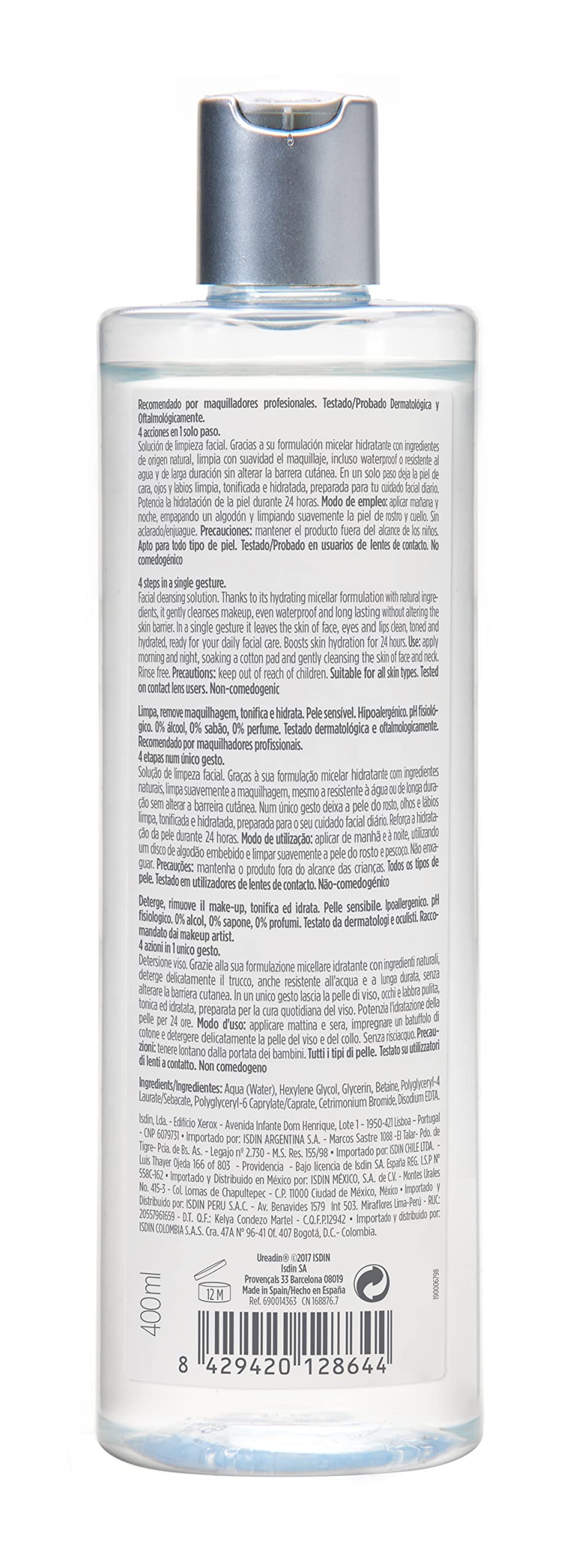 ISDIN 4-in-1 Micellar Water, Makeup Remover for Sensitive Skin, 13.5 fl oz