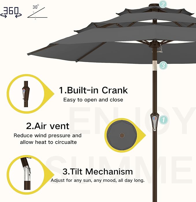 Kingdura 10ft 3-Tier Patio Umbrella, Outdoor Table Umbrella with Easy Crank & Tilt, 8 Reinforced Ribs, UV Protection for Deck, Pool, Market, Backyard (Grey)