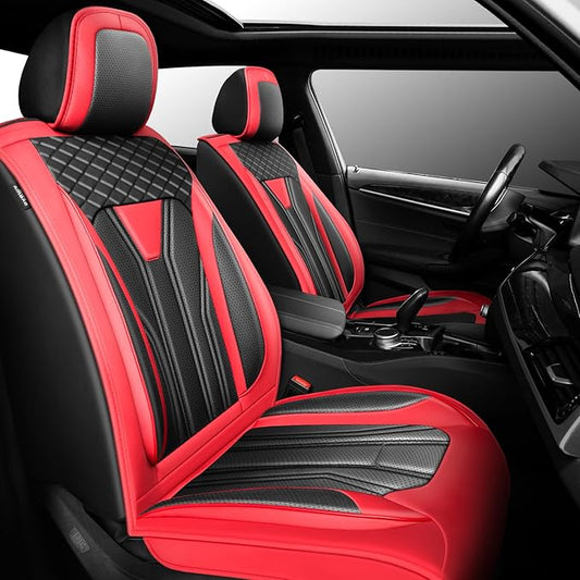 Fit Murano Car Seat Covers Compatible with Nissan Murano 2004-2025 2026 - Premium Leather， Waterproof Breathable， All-Weather Seat Cushion Protecto&Airbag Compatible (2 Front Seat Red&Black)