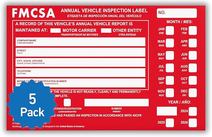5 Pack Buck Aluminum Annual Vehicle Inspection Label with Punch Boxes, 2 Mil Red FMCSA Self Adhesive Sticker, DOT Compliant, Weatherproof, Tear Resistant, Easy to Write On, 6" x 3.5" - Made in USA