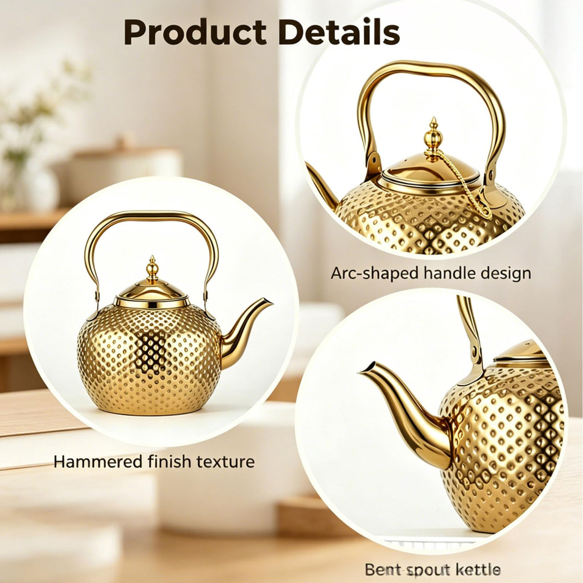 2L/67.6oz Gold Tea Kettle, Hammered Stovetop Teapot with Removable Fine Mesh Infuser, Stainless Steel Rust-proof Vintage Water Boiler for Induction/Gas, Home Office Camping Gift