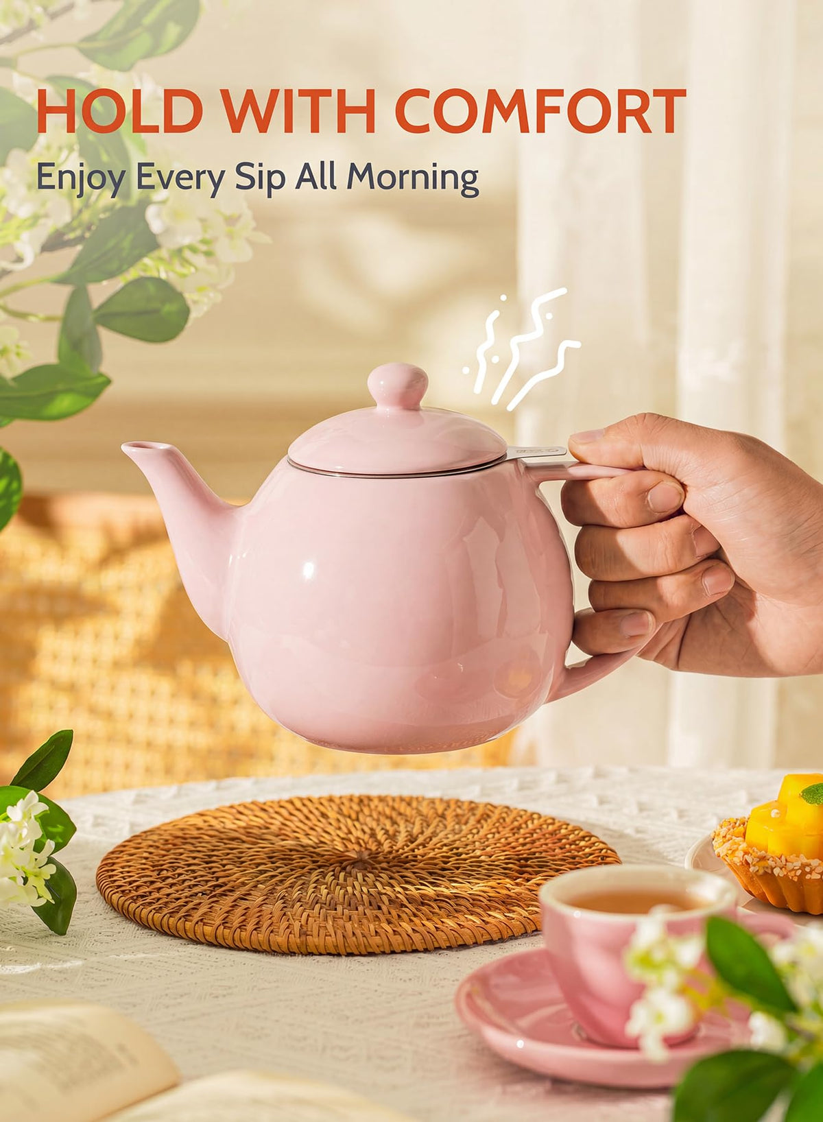 Sweese Porcelain Teapot 27 oz with Infuser for Loose Leaf Tea, Pink