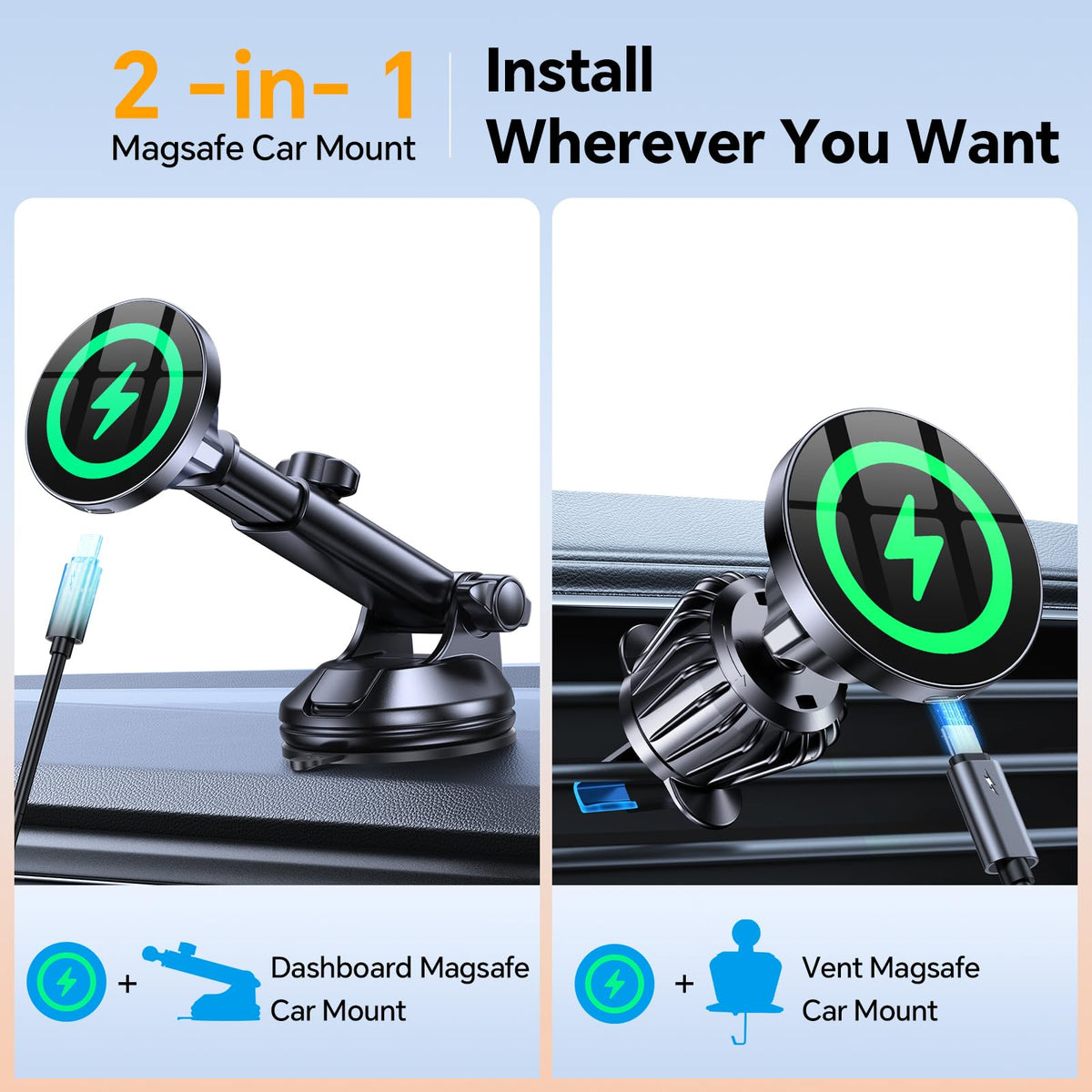 Coolpow for MagSafe Car Mount Charger【Ultra Magnet】Magnetic Phone Holders for Your Car Charger Magnetic Wireless Car Phone Holder Charger Car Accessories for Women Cell Phone Mount for iPhone 17 16 15