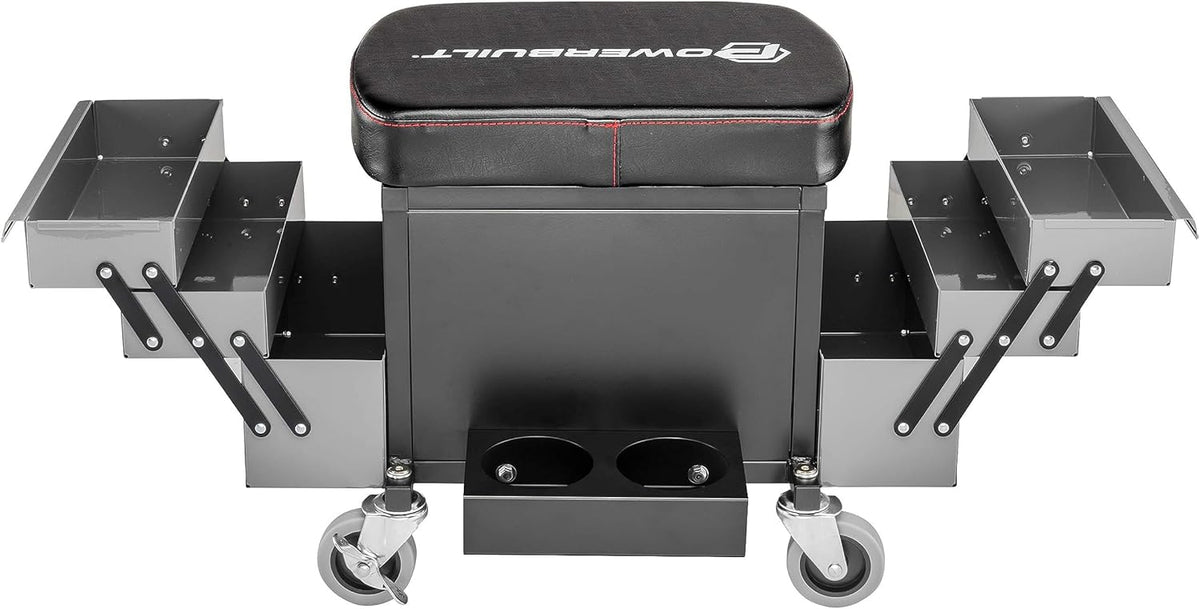 Powerbuilt Rolling Seat with Expandable Tool Trays, Roller Toolbox Garage Stool - Grey 941918ECE