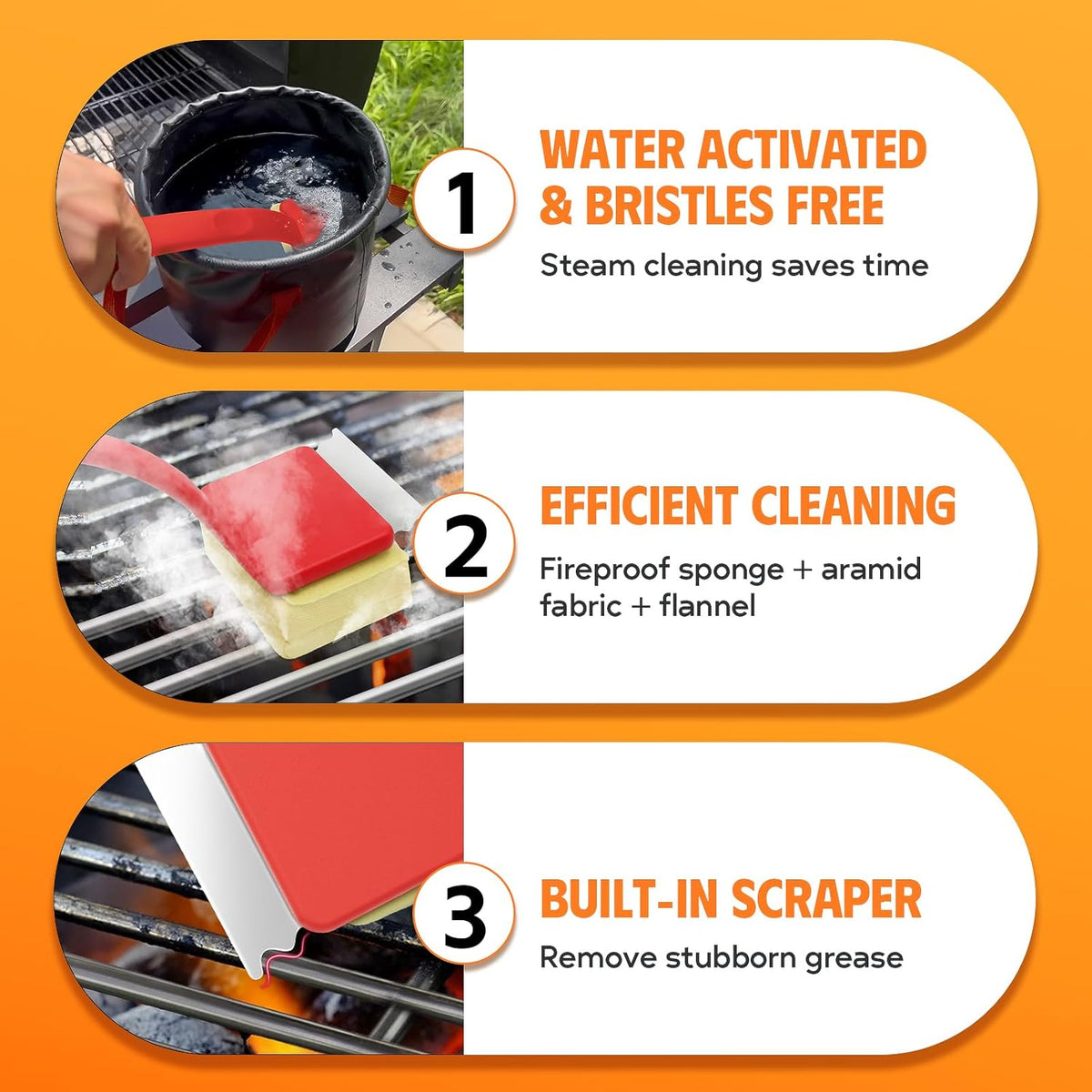 MEKER Grill Brush Bristle Free, Grill Cleaner Brush with 3 BBQ Replacement Head, Seamless Scraper Tool for Cast Iron, Stainless Steel Grates, Safe Grill Scraper Outdoor BBQ Grill, Red