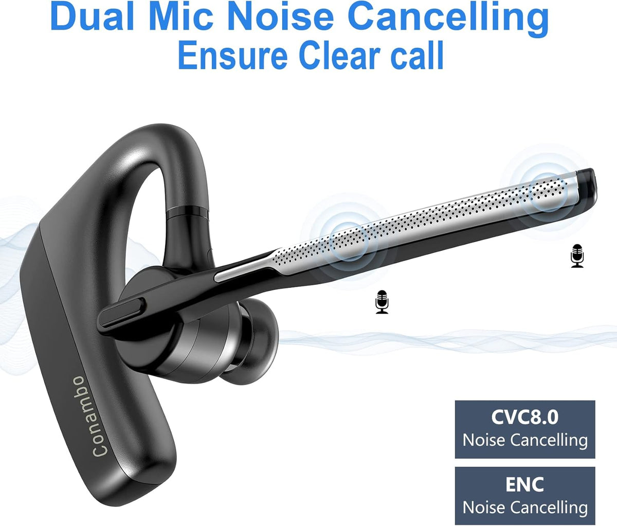 CONAMBO Bluetooth Headset V5.1, 16 Hrs HD Talktime CVC8.0 Dual Mic Noise Cancelling Hands Free Bluetooth Earpiece for Cell Phone iPhone Android Driving Business Office