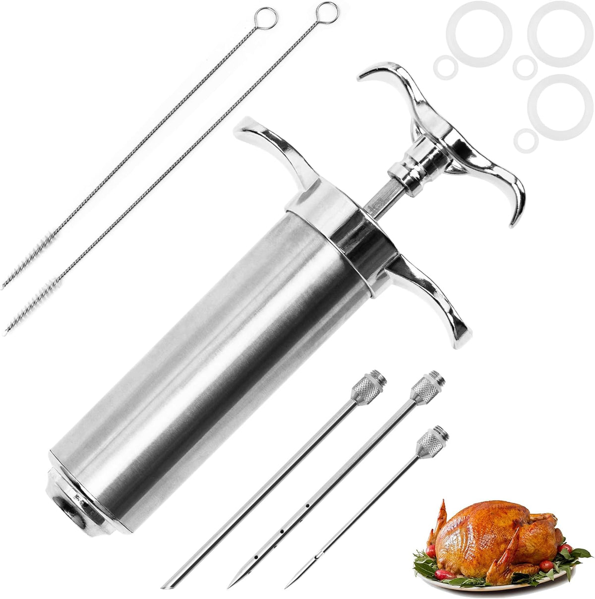 Meat Injector Syringe Kit, Flavor Injector with 3 Marinade Needles, Stainless Steel Kitchen Food Injection Syringe for Turkey Cooking