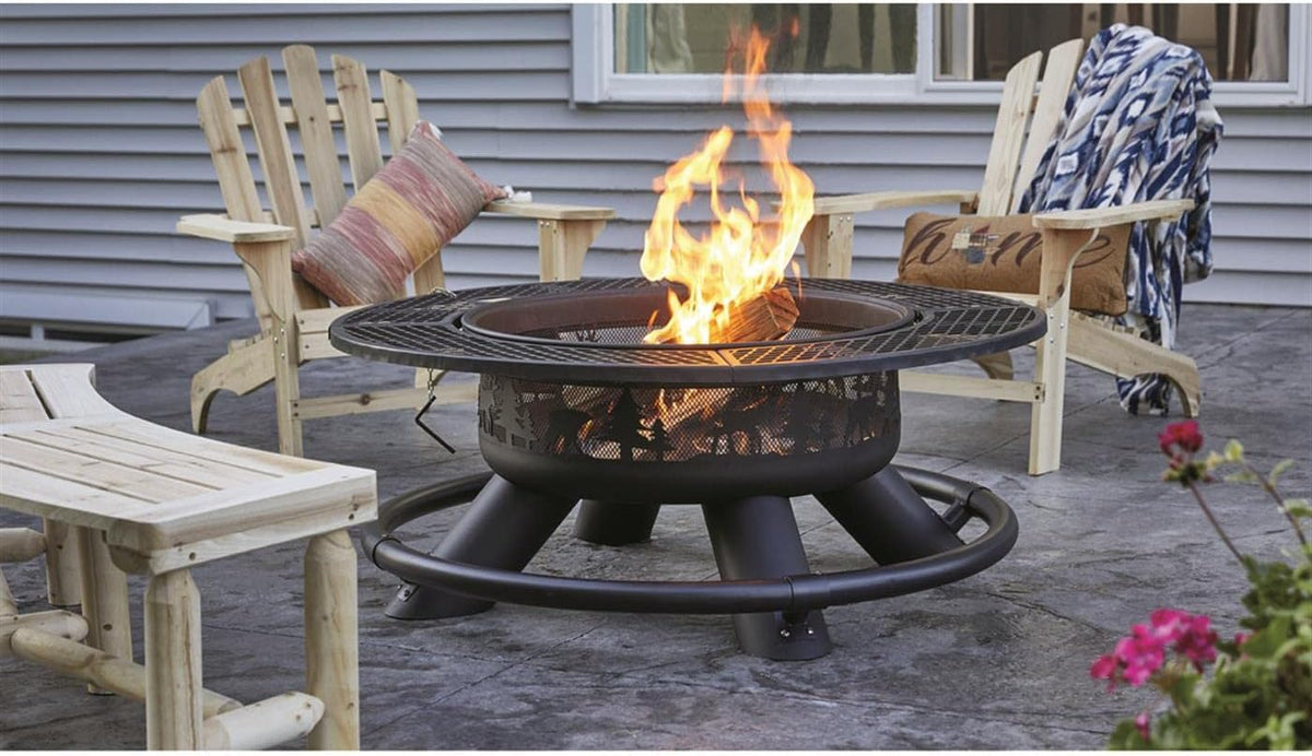 Castlecreek 47" Fire Pit BBQ Grill Outdoor Wood Burning Steel Log Firepit for Camping, Grilling, Smores, Yard, Cooking Outside, Barbecue, Bonfire Geometric