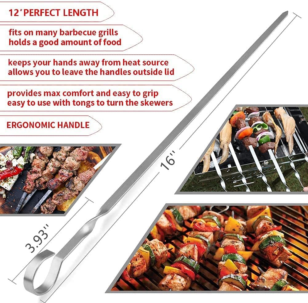 18PCS Kabob Skewers Flat Metal BBQ Barbecue Skewer 16" Long Stainless Steel Shish Kebob Sticks Wide Reusable Grilling Skewers Set for Meat Shrimp Chicken Vegetable, 18 Pack