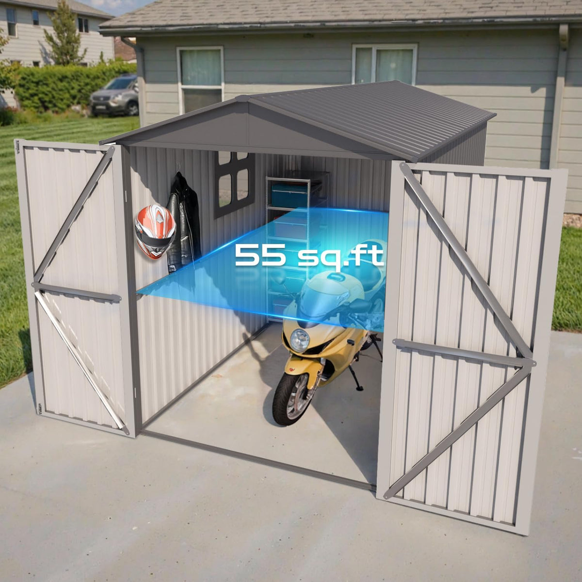 5’ x 10’ Motorcycle Storage Sheds, Metal Shelter & Garage with Windows and Lockable Door Handle, Heavy Duty Vehicle Shed for All Weather, Anthracite with White Trim
