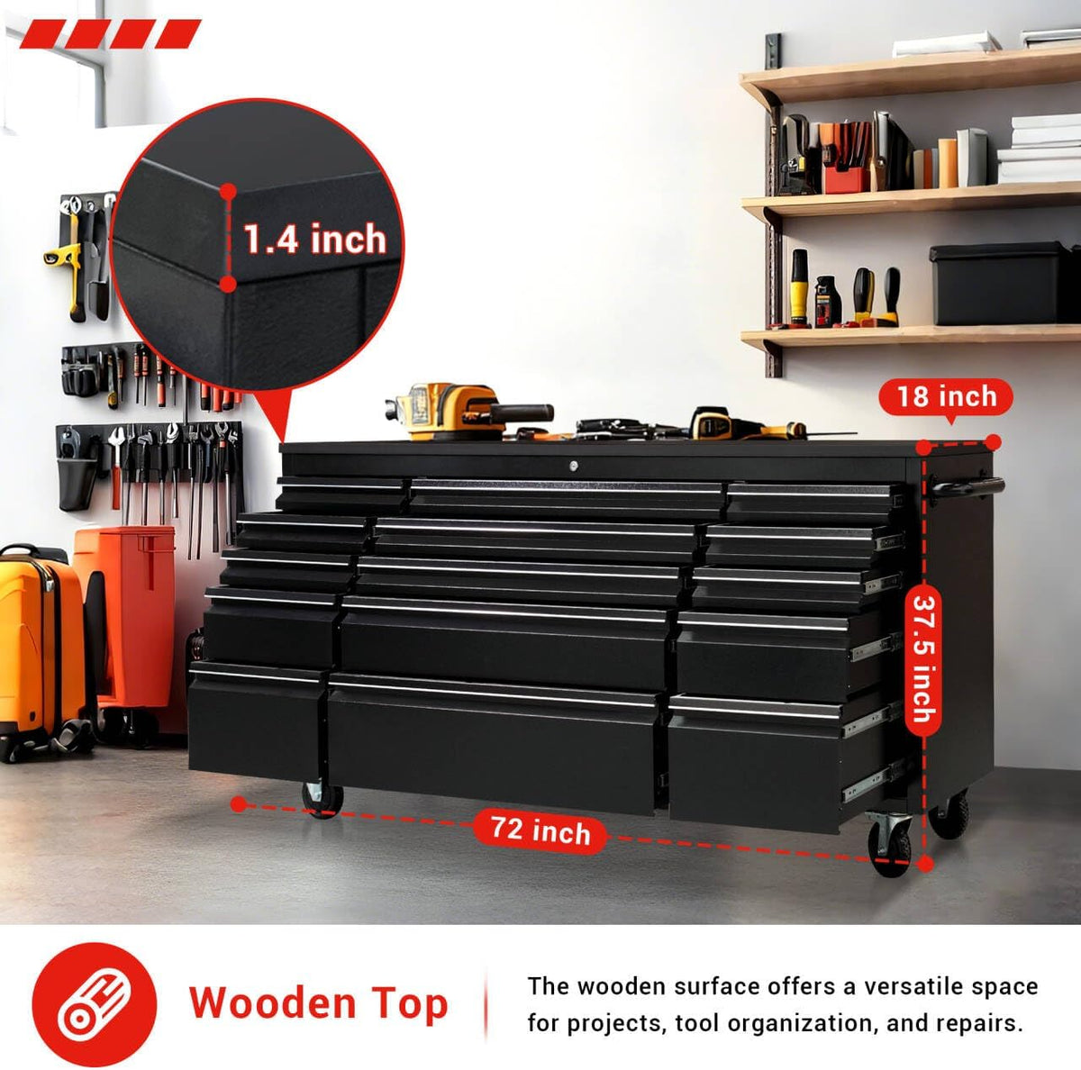CT Copper Tailor 72-inch Rolling Tool Chest with 15 Drawers and Wheels, Mobile Garage Workbench, Large Tool Box Storage Tool Cabine with Wood Top for Workshop, Matte Black