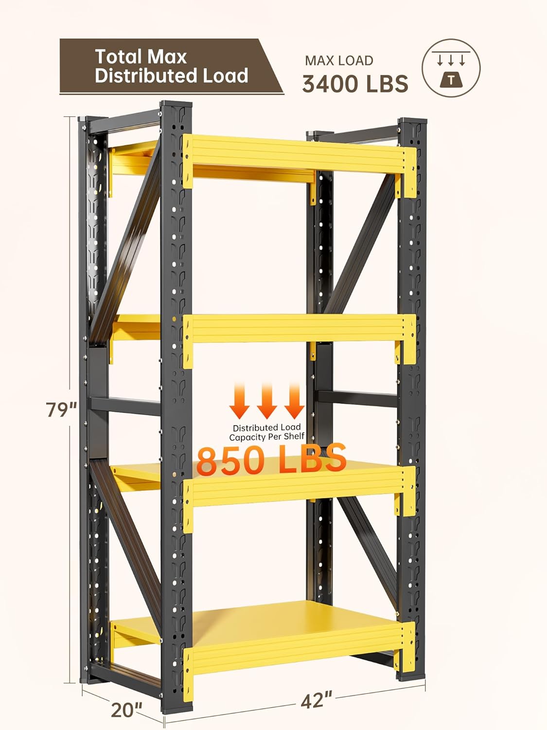 4-Tier Storage Shelves,79" H Heavy-Duty Garage Shelving Unit,Adjustable Industrial Metal Shelf System,3,400lbs Capacity,Tool Organizer for Garage,Workshop,42" W*20" D*79" H,Black&Yellow