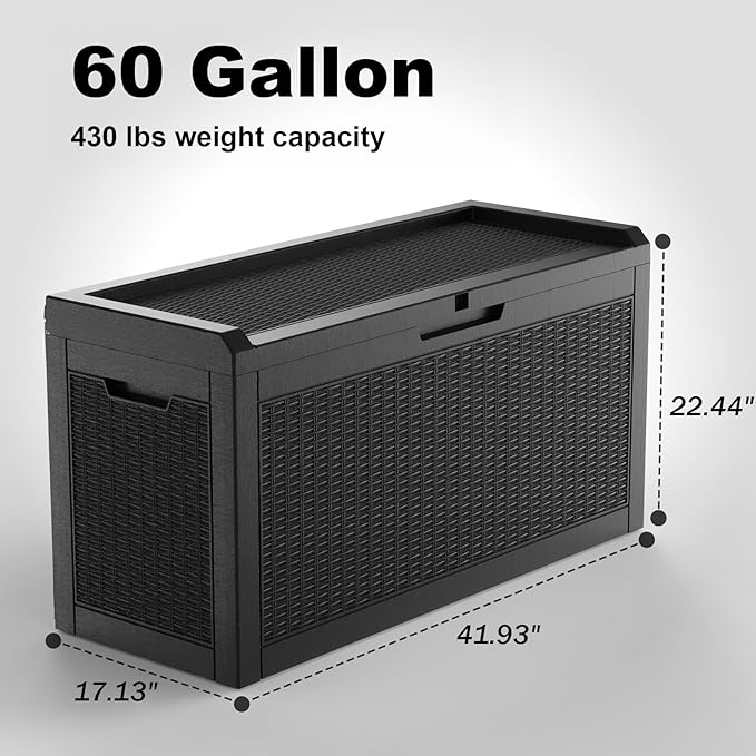 60 Gallon Resin Deck Box, Lockable Outdoor Storage Box for Patio Cushions Storage Furniture,Garden Tools, Pool Supplies, Weatherproof and UV Resistant（Black Rattan）