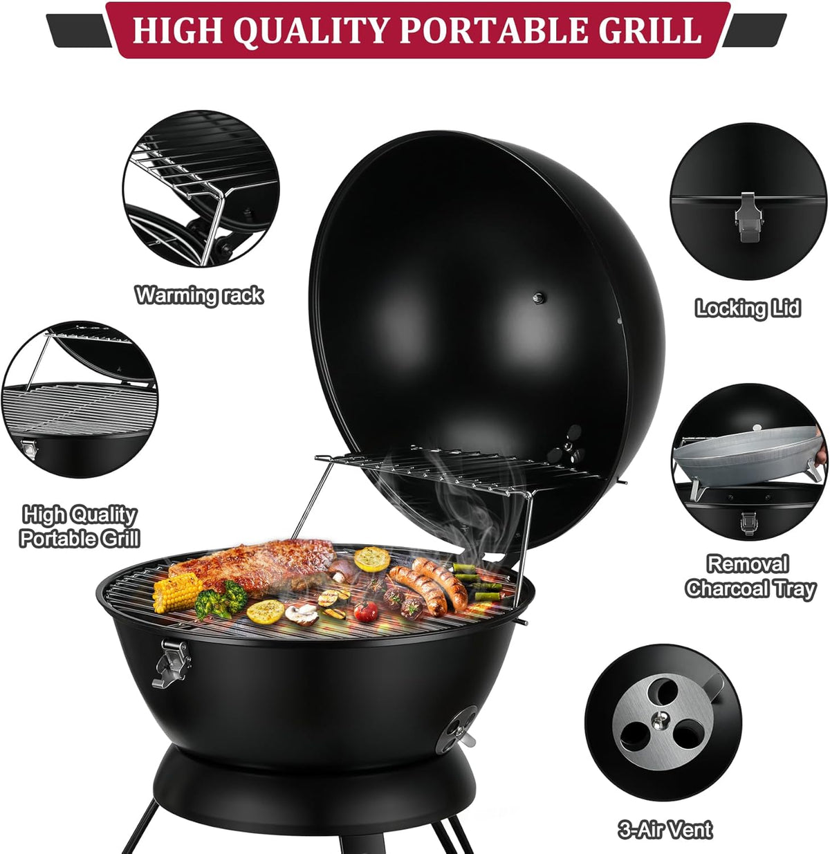 14inch Portable Charcoal Grill with Warming Rack, Small bbq Charcoal Grill Tabletop Foldable Grills for Backyard, Camping, Black