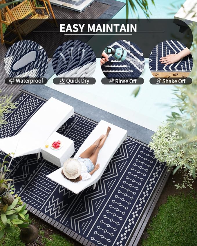 Outdoor Rug Carpet Waterproof 8x10 ft Patio Rug Mat Indoor Outdoor Area Rug for RV Camping Picnic Reversible Lightweight Plastic Straw Outside Rug for Patio Decor Decoration Boho Rug Navy Blue White