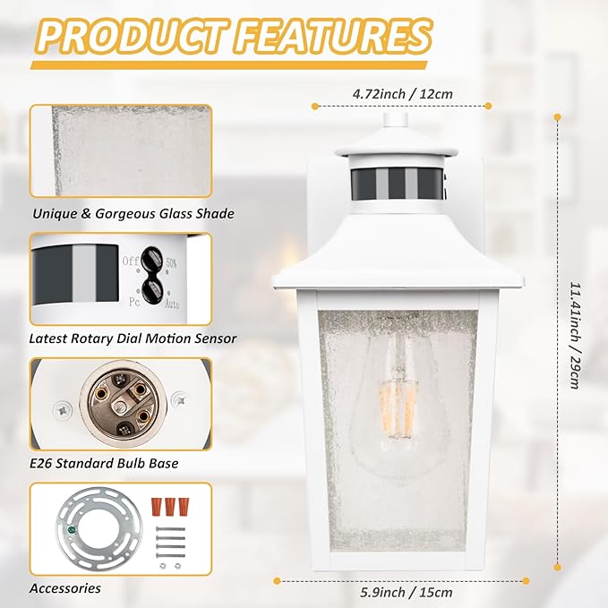 White Motion Sensor Outdoor Wall Light - Dusk to Dawn Outdoor Wall Lighting, Waterproof Exterior Light Fixture, Modern Porch Light Outside Wall Mount for House Patio Garage, Anti-Rust
