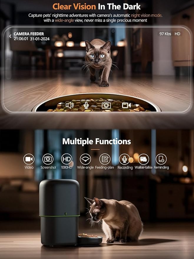 Automatic Cat Feeder with Camera - 5G WiFi Auto Cat Food Dispenser, 1080P HD Video with Night Vision, 1-15 Meals, 1-99 Portions, 2-Way Audio, Keeps Food Fresh, 4L Timed Pet Feeder Also for Dogs