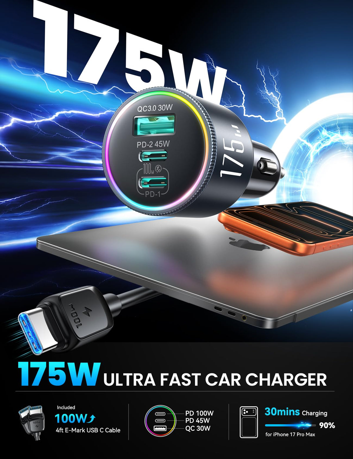 JOYROOM 175W Super Fast Car Charger, 3-Port Car Charger USB C Fast Charge