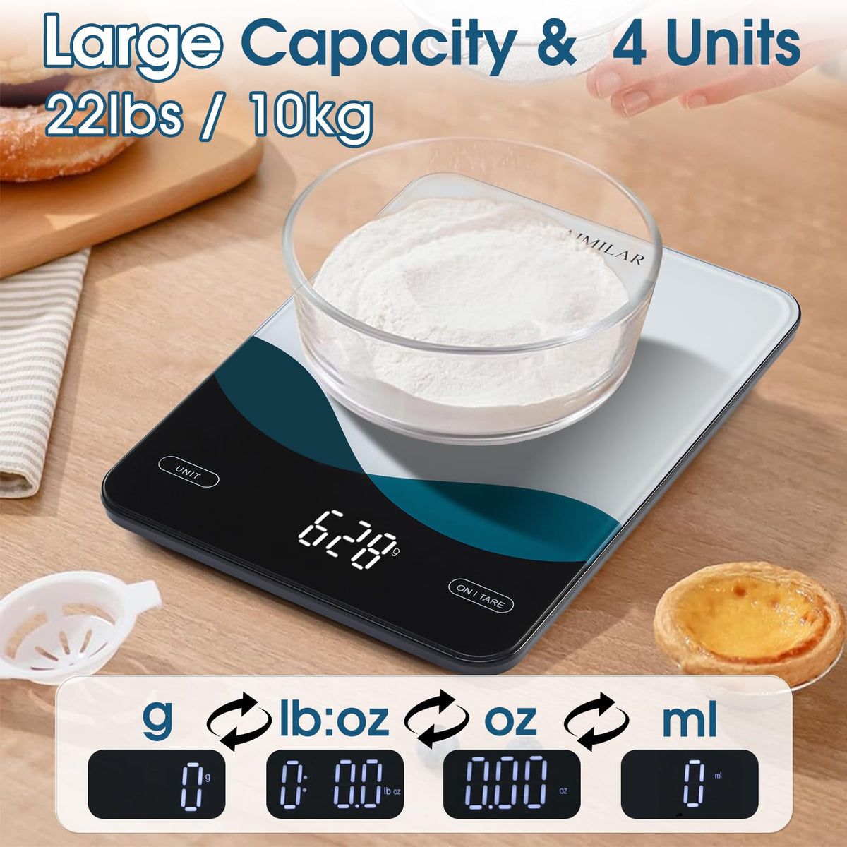 AIMILAR Bluetooth Smart Kitchen Scale 10kg/22lb - Nutrition Food Scale with App Calorie & Macro Tracker, 19+ Nutrients Analysis, USB-C Rechargeable, Tempered Glass, LED Display
