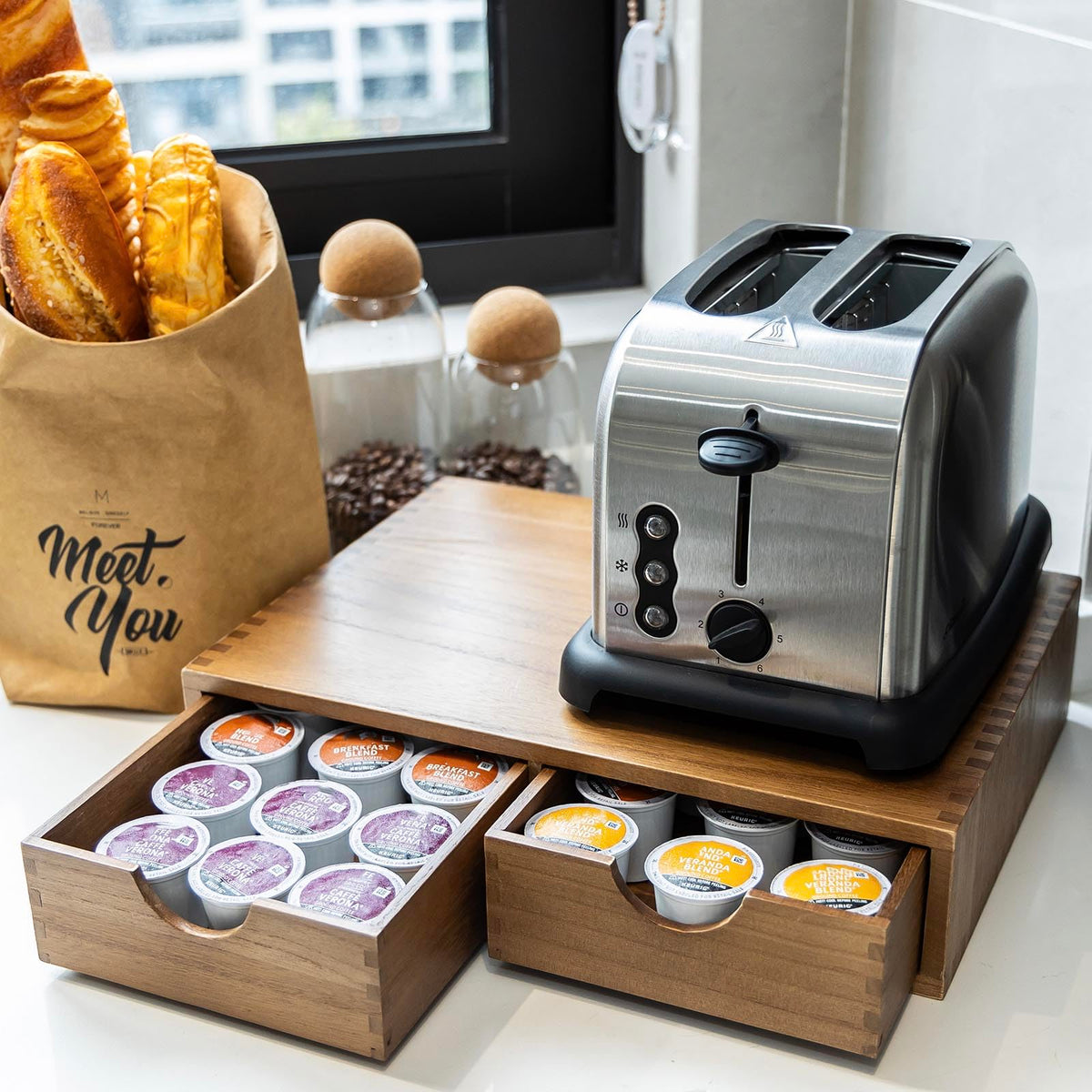 Wooden K Cup Organizer Coffee Pod Storage Box, Coffee Pods and Tea Organizer Holder, K Pod Drawer Coffee Maker Machine Stand, Organizador De Cafe, Kcup Drawer Organizer Under Brewer, 30 Pod Capacity
