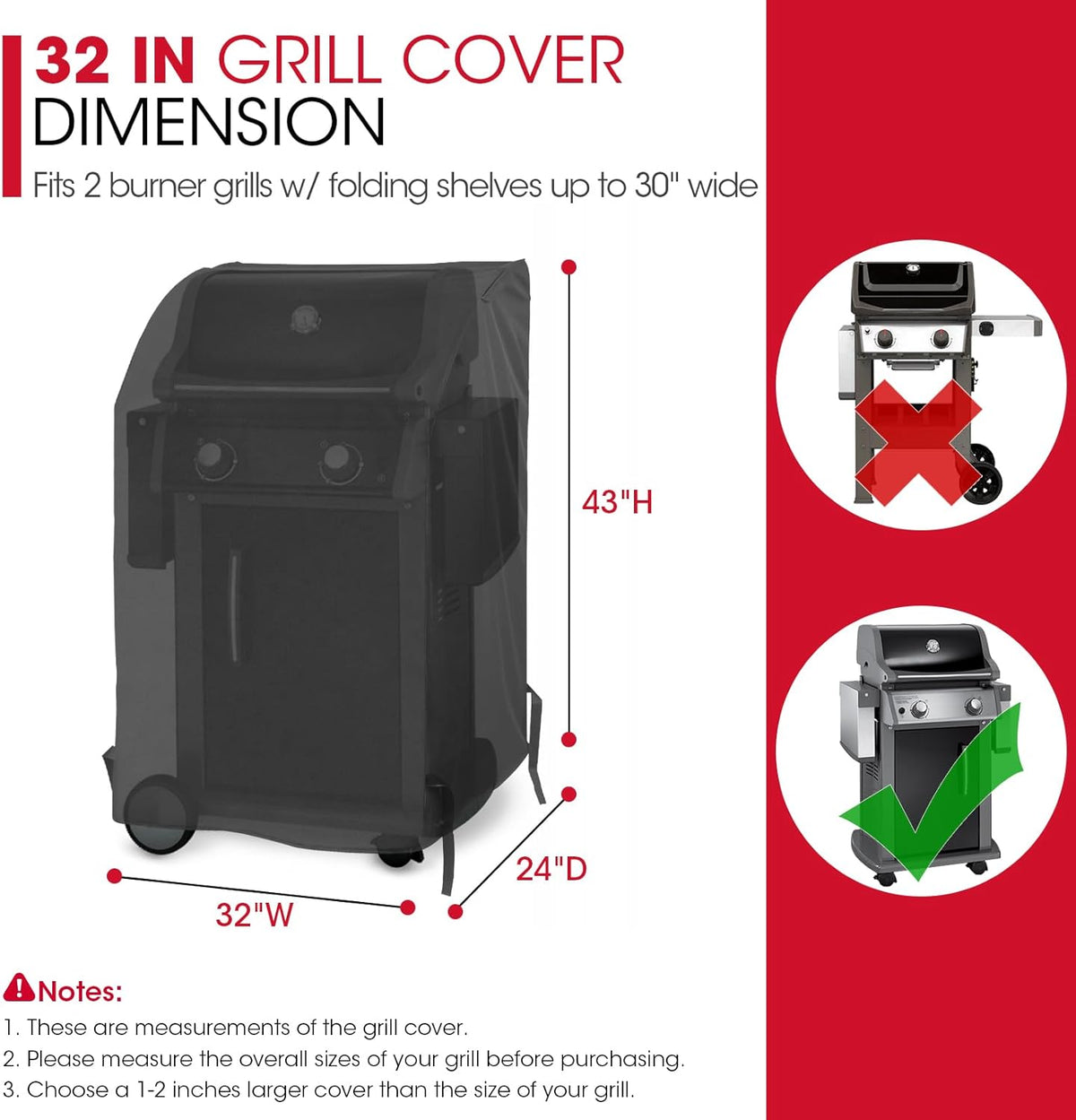 Unicook 32 Inch Small Grill Cover, Heavy Duty Waterproof 2 Burner Gas BBQ Cover, Compatible with Weber Char-Broil Nexgrill KitchenAid Grills with Both Side Tables Down, All Weather Protection