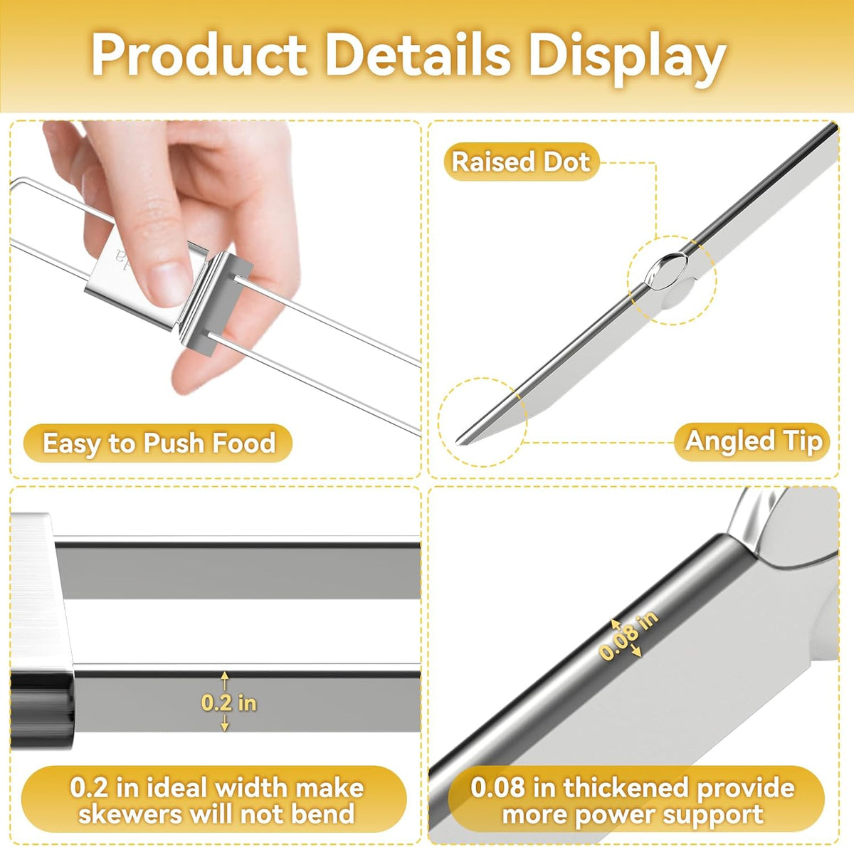 Skewers for Grilling- 17 inch (6 Pack) Double Pronged Flat Stainless Steel BBQ Skewer with Push Bar- Kabob Skewers Skewer Sticks for Camping or family - Reusable, BBQ Accessories