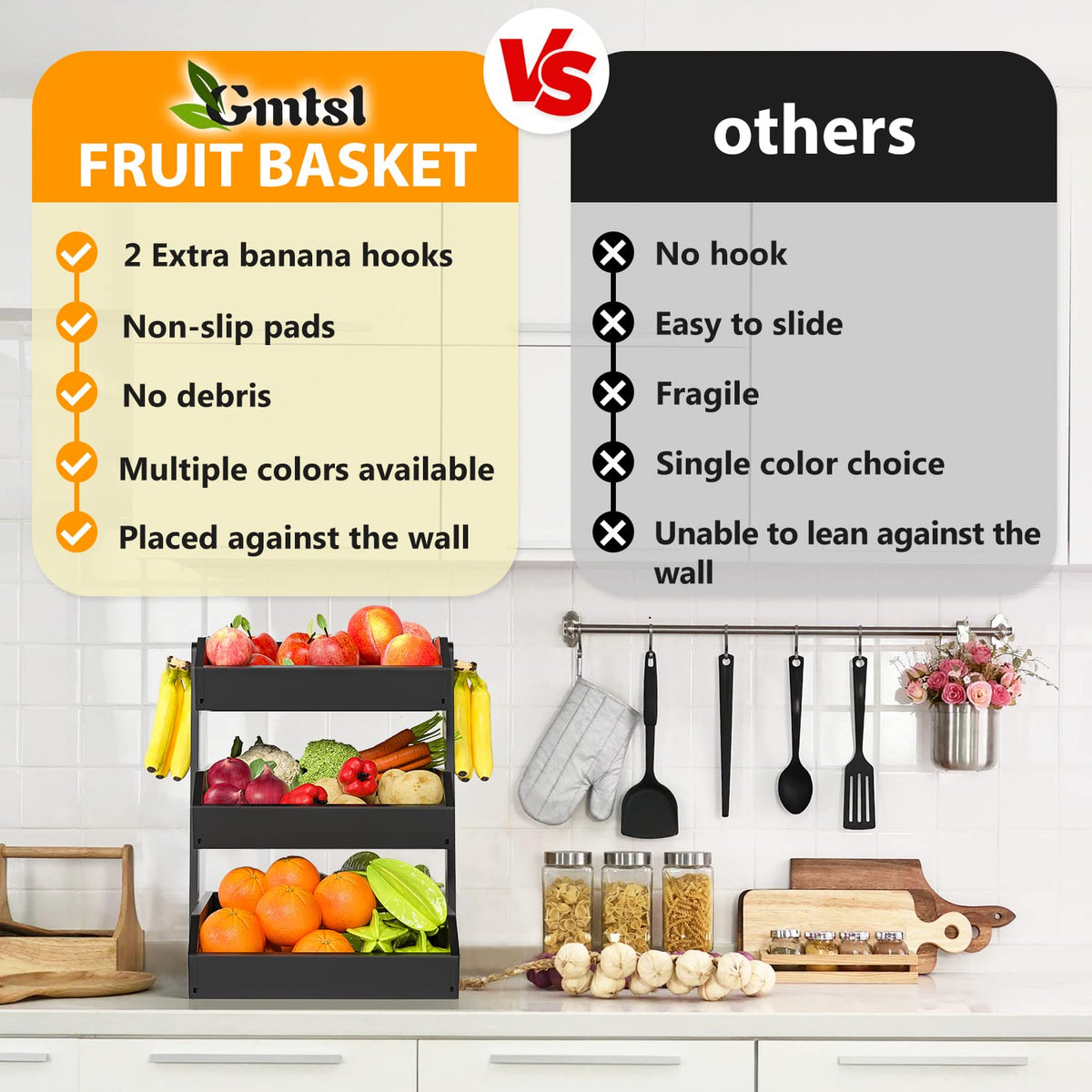 Gmtsl Bamboo Fruit Basket for Kitchen, Fruit Holder for Kitchen Countertop