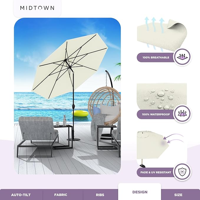 Midtown Umbrellas Sunbrella Umbrella 9 Feet Outdoor Umbrella With Canvas Natural Acrylic Fabric - Auto-Tilt Aluminum Frame Patio Umbrella For Backyard, Deck, Garden, Pool - Black Pole
