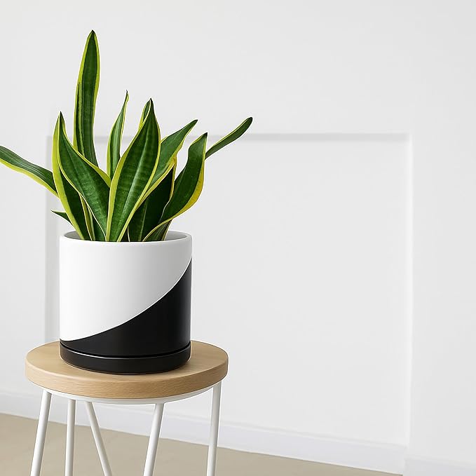 D'vine Dev 10 Inch Ceramic Planter Pot with Drainage Hole and Saucer, Indoor Cylinder Round Planter Pot, Oblique Monochrome Black and White, 94-O-E-K