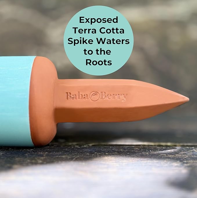 Terracotta Watering Spikes 2 Pack 17.5oz Capacity Plant Watering Devices Self Watering Spikes Large Plant Watering Globes Self Watering Planter Insert AcquaTerra with Root Dibber Installer