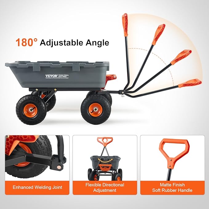 VEVOR 800lbs Poly Dump Garden Cart, Heavy Duty Yard Dump Cart Wagon, 4 Wheel Wheelbarrow with 10in Tires, 180°Rotating Handle, Steel Frame and Quick Release System