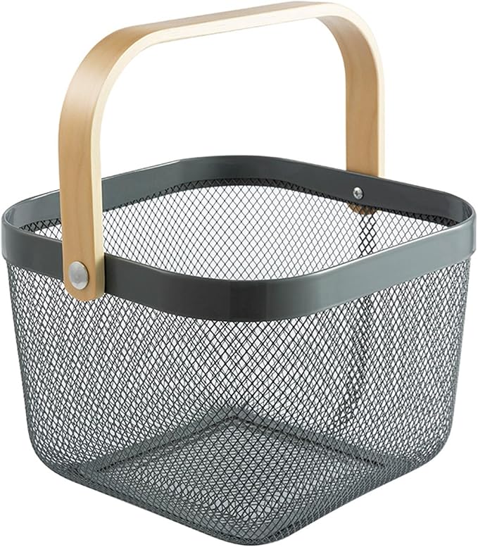 Metal Mesh Steel Basket, Storage Organizer Basket Multi-functional Hanging Kitchen Baskets Fruit Basket with Wooden Handle for Kitchen Bathroom Picnic Shopping Decor Cabinet Home, Grey